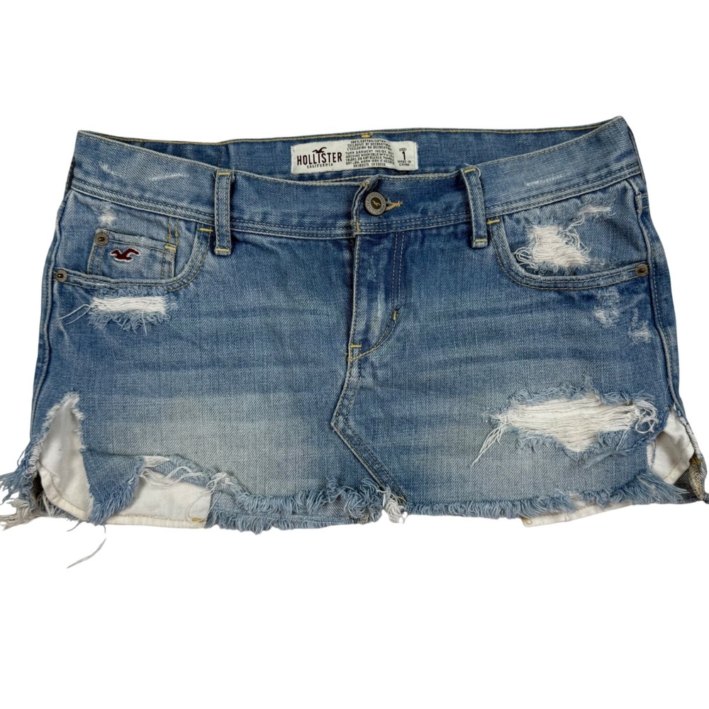 VTG Y2K Hollister Distressed Denim Mini Micro Skirt Light Ultra Low Rise Sz 1 9"